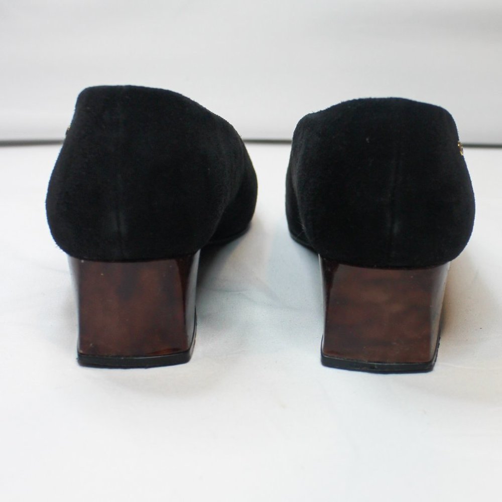 Vintage Etienne Aigner Black Suede Brown Tortoise Shell Block Heel 90s 8.5 Pumps - Picture 7 of 14